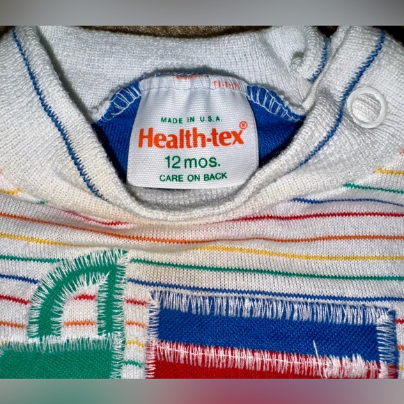 Vintage Health-Tex Truck One Piece Outfit 12 Months Blue Romper Rainbow Striped - Picture 4 of 5